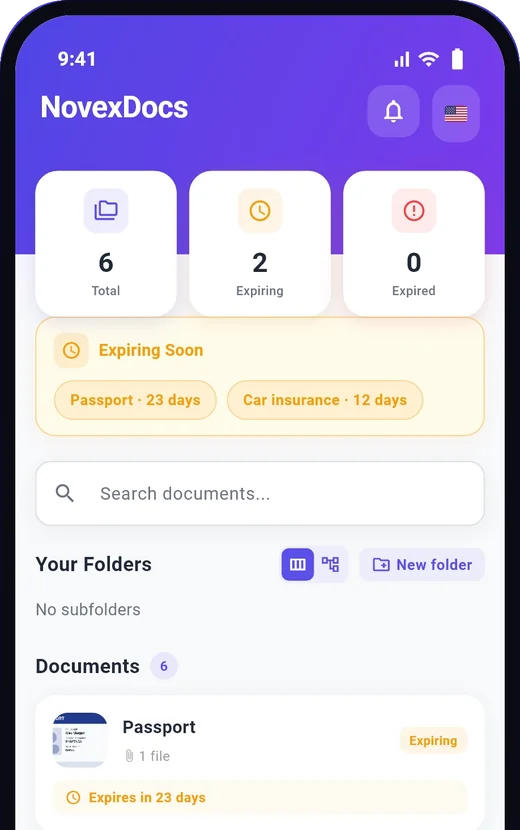 NovexDocs home screen showing documents that expire soon