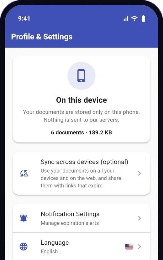 NovexDocs profile screen: documents stored only on this device