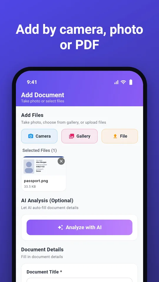 Add by camera, photo or PDF